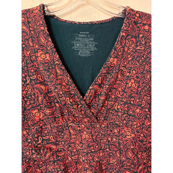 Patagonia Margot‎ Floral V-Neck Faux Wrap Dress Coral Pink Navy 3/4 Sleeve Sz S - Picture 8 of 8